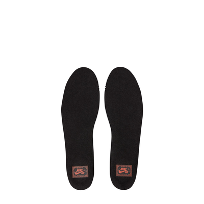 Pair of black shoe insoles with brand labels on a white background