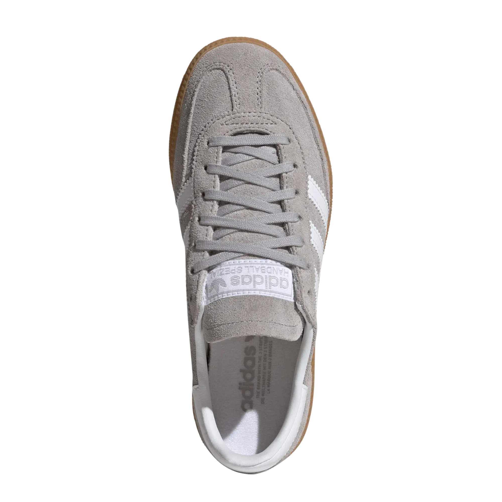 grey adidas handball spezial juniors sneakers with white stripes and gum sole on a white background