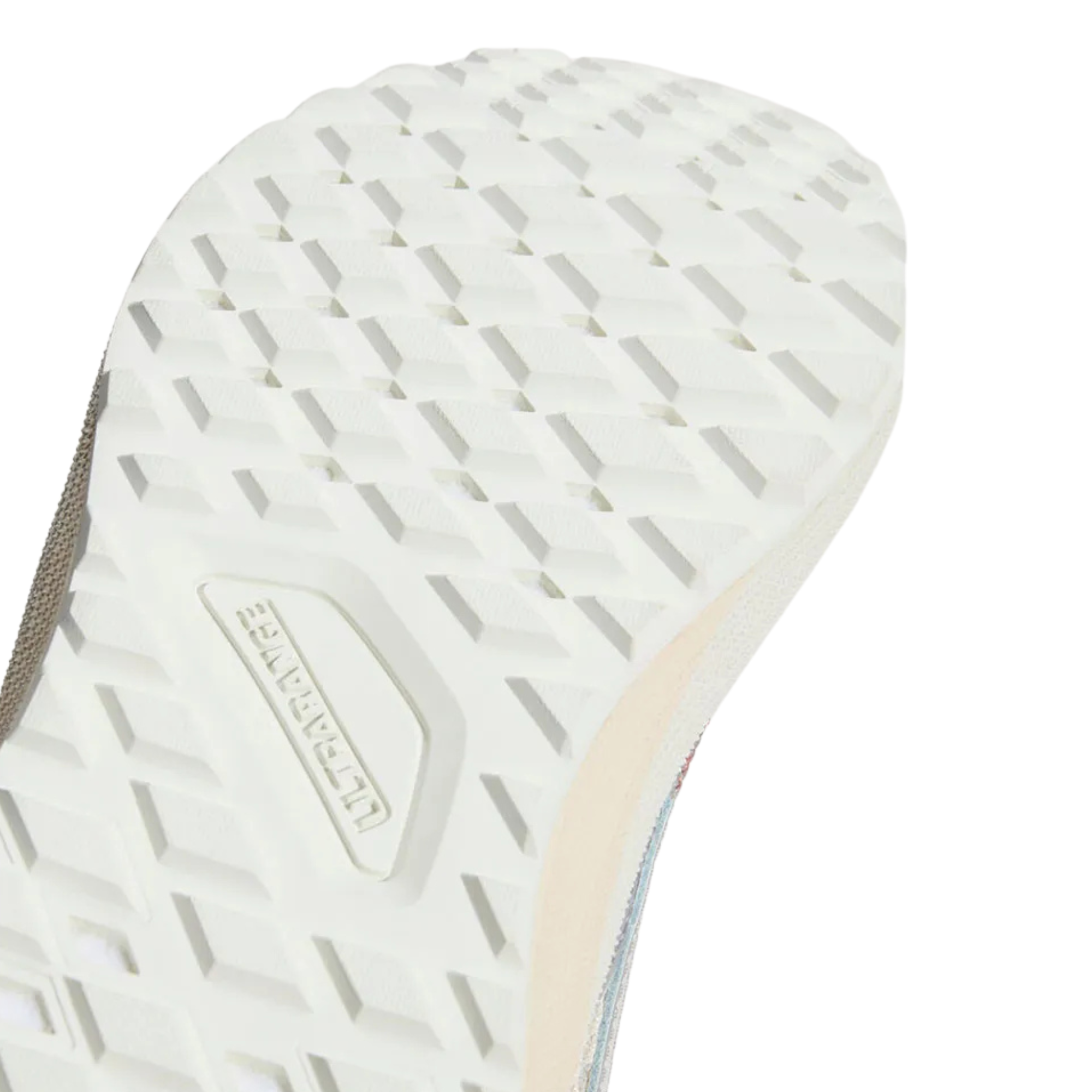 bottom of a A single low-top vans ultrarange neo 2.0 sneaker shown in profile against a solid white background. The shoe features a cream-colored knit upper with metallic silver overlays, a chunky cream midsole, and white laces.