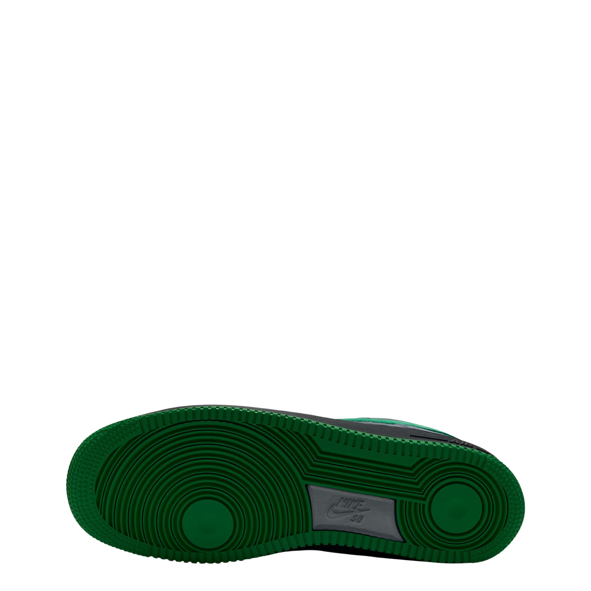 grey nike sb x nocturnal air force 1 with green swoosh and black and green sole on a white background