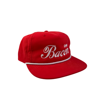 Red cap with white 'Enjoy Bacon' text on a white background