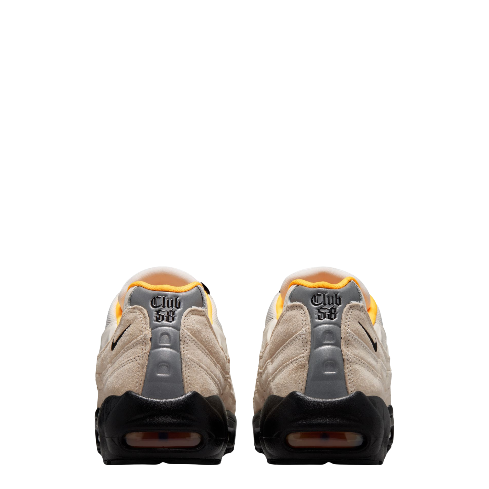 tan nike sb fc pack air max 95 club 58 with black sole and orange detail on a white background