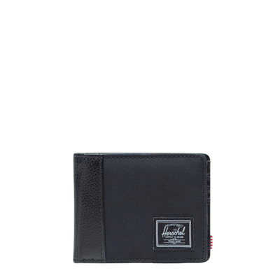 black and grey twill herschel hank wallet on a white background