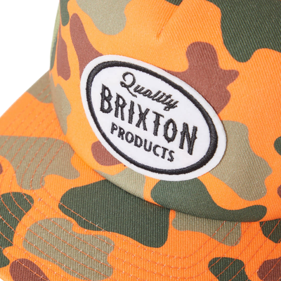orange Camouflage-patterned brixton henry trucker hat with Brixton logo on a white background