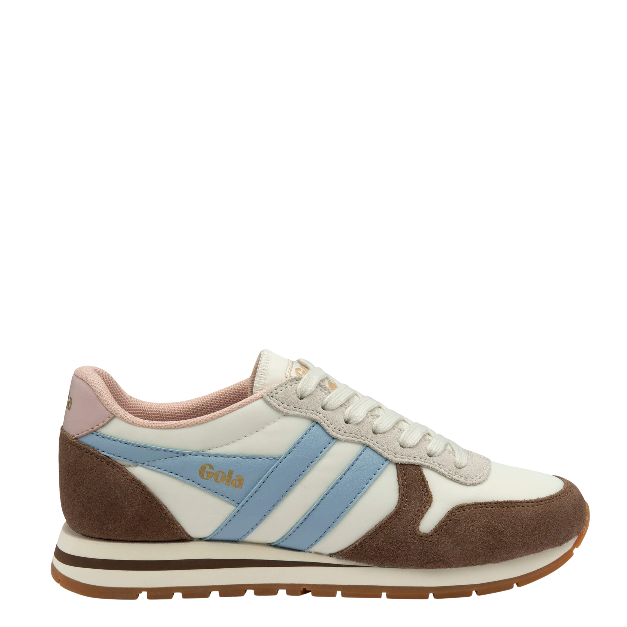 Multicolored gola daytona chute women's sneaker with brown, blue, and white design on a white background