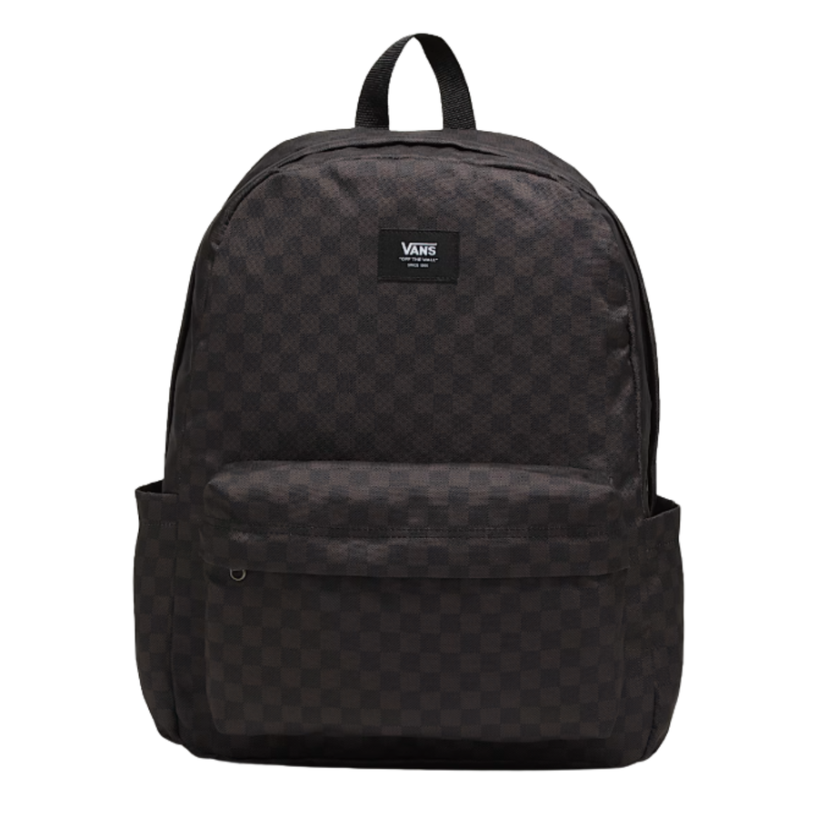 Black checkered backpack with Vans logo on a white background