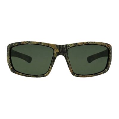 Square carve usa eyewear moray sunglasses with a green-tinted lens and a camouflage-patterned frame in shades of green, brown, and black, shown against a plain white background.