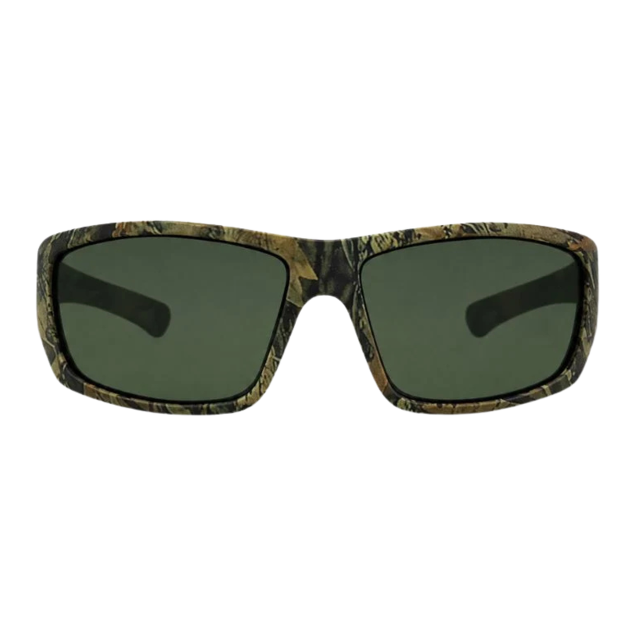 Square carve usa eyewear moray sunglasses with a green-tinted lens and a camouflage-patterned frame in shades of green, brown, and black, shown against a plain white background.
