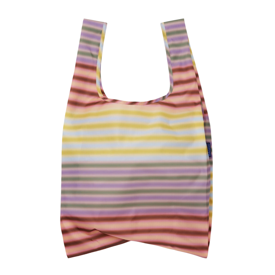 Multicolored striped baggu reusable bag on a white background