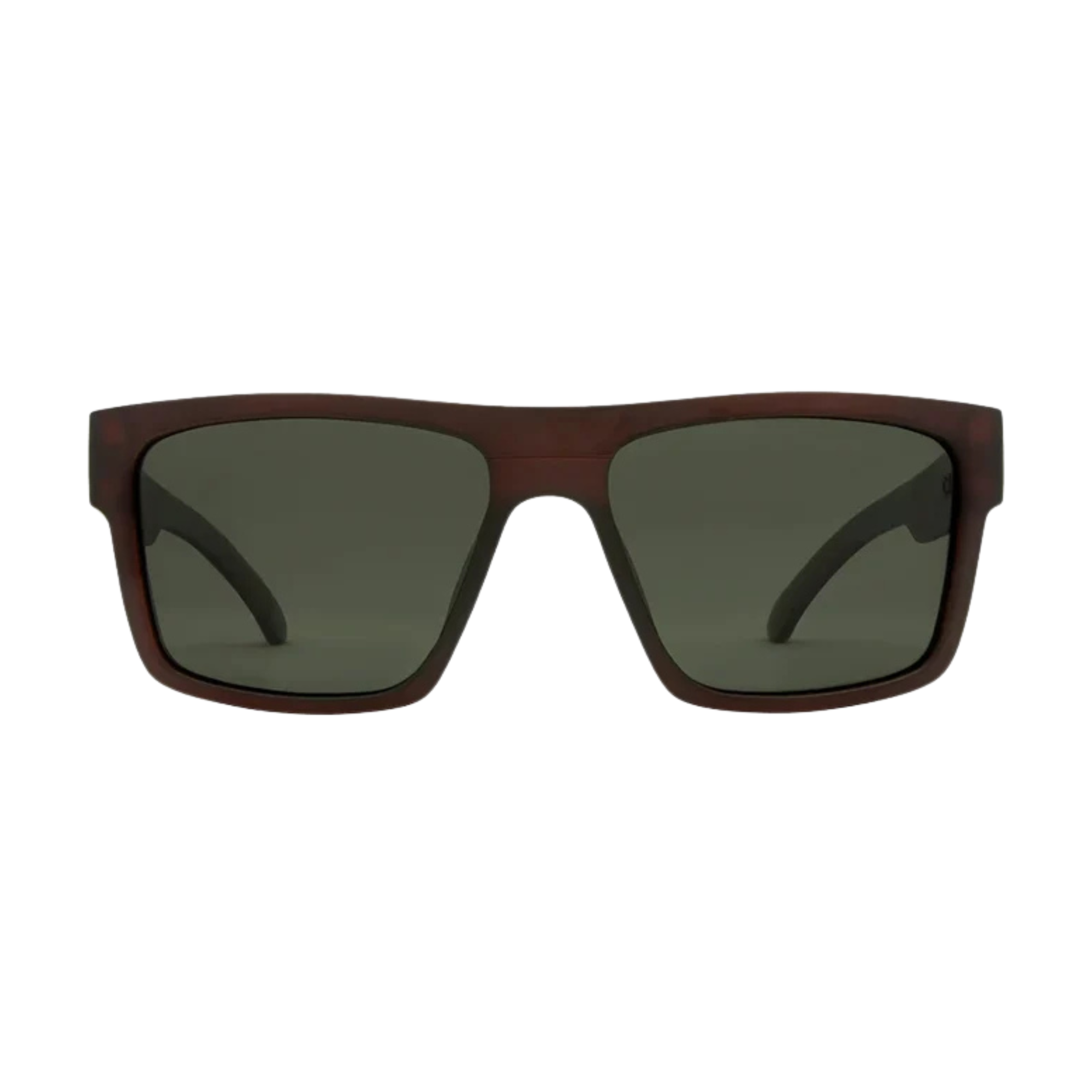 Matte dark brown carve eyewear rectangular sunglasses with dark green lenses, shown from the front on a solid white background.