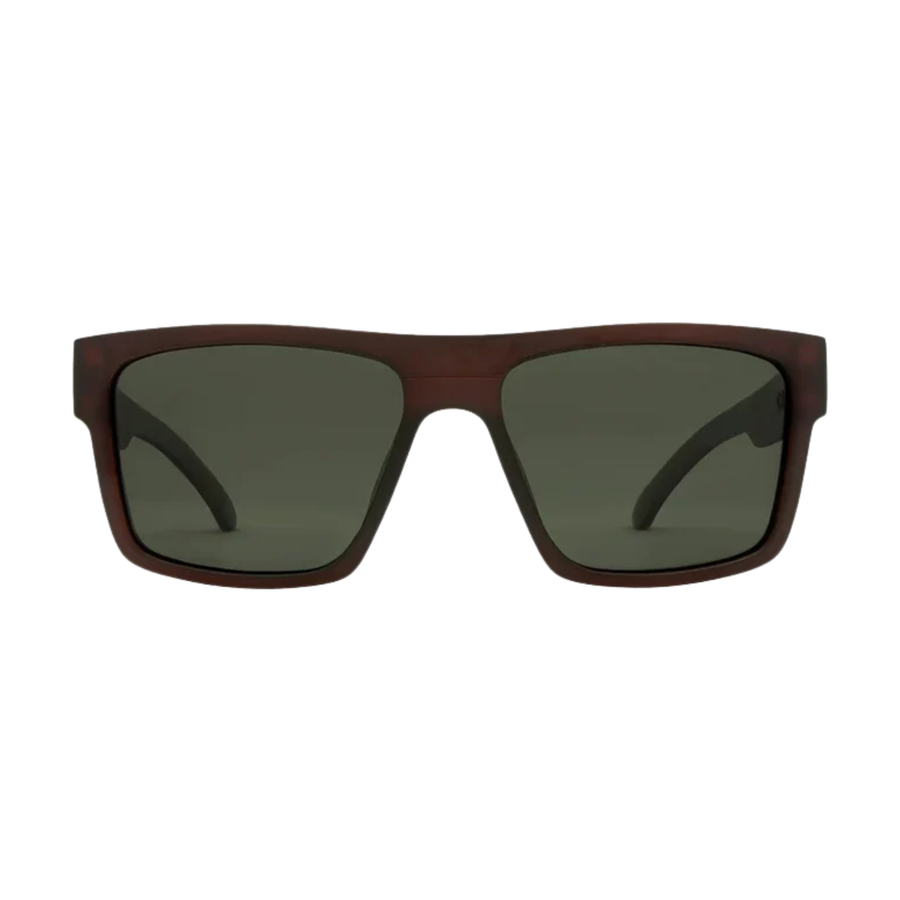 Matte dark brown carve eyewear rectangular sunglasses with dark green lenses, shown from the front on a solid white background.