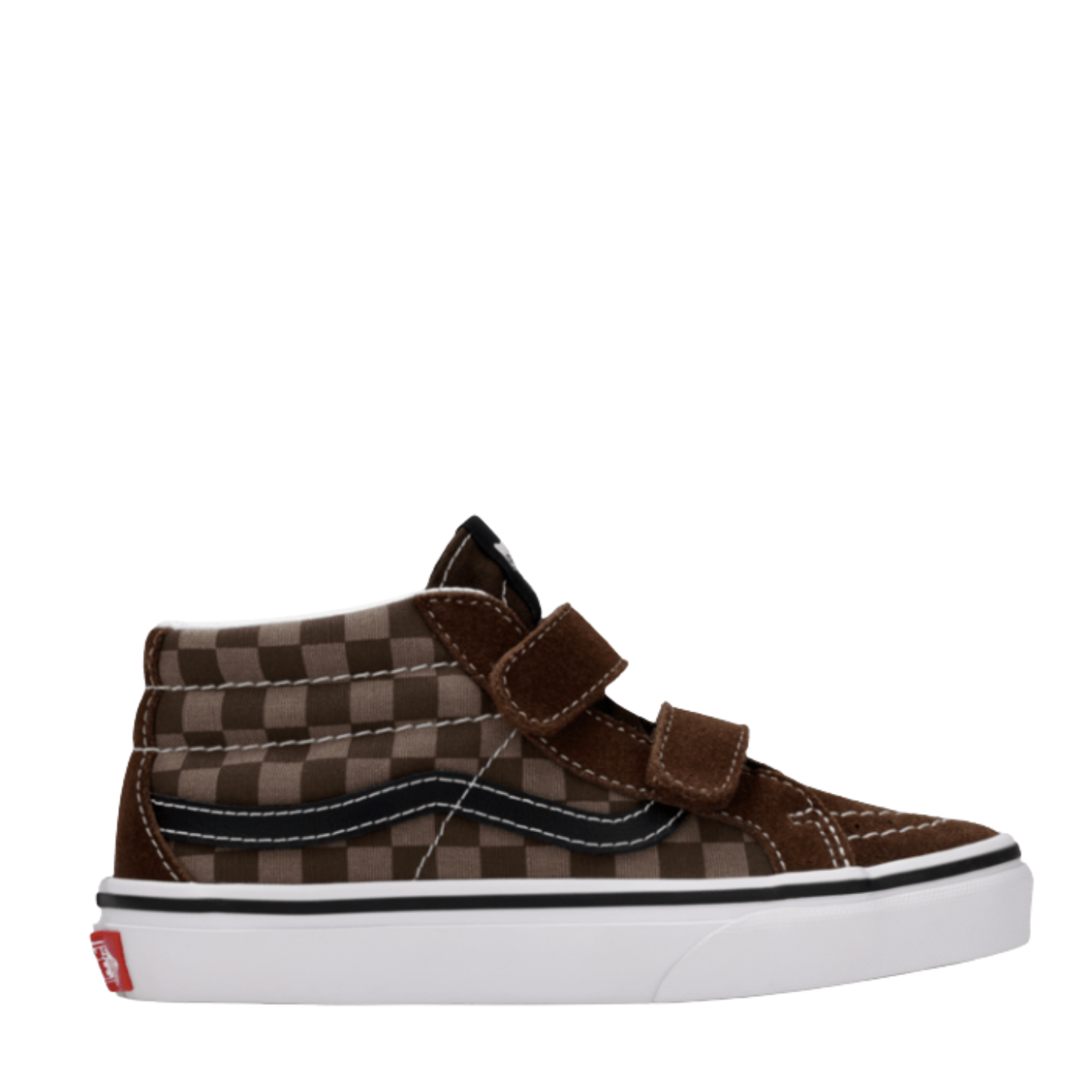 Brown checkered Vans kid's and toddler sk8-mid sneaker on a white background