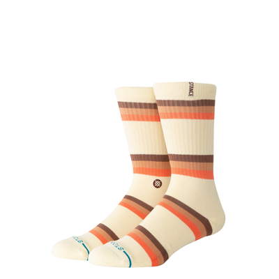 cream stance suns crest crew socks with orange a brown stripes on a white background