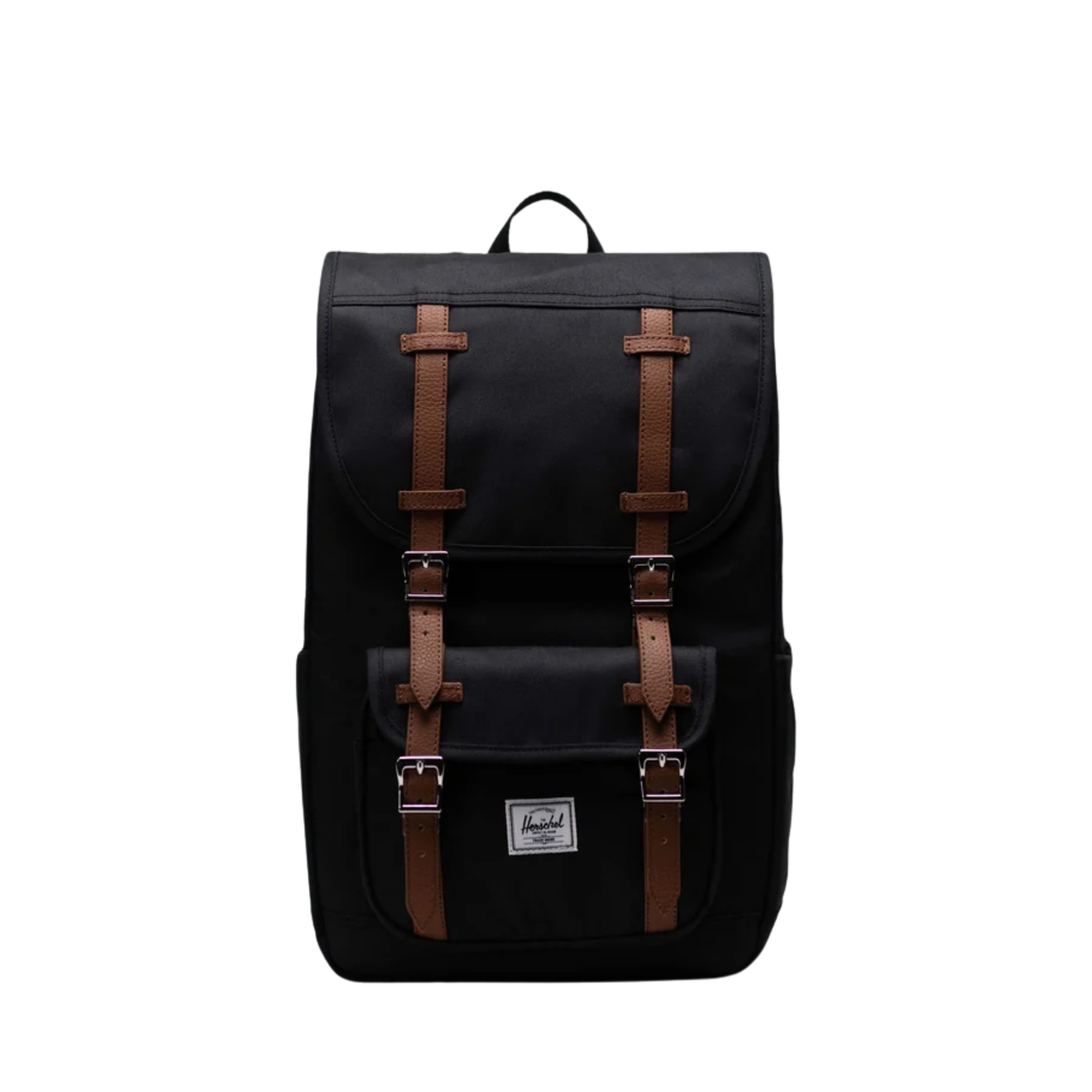 black herschel little america backpack with tan straps on a white background