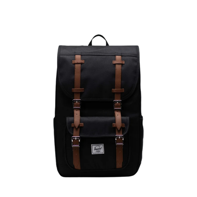 black herschel little america backpack with tan straps on a white background