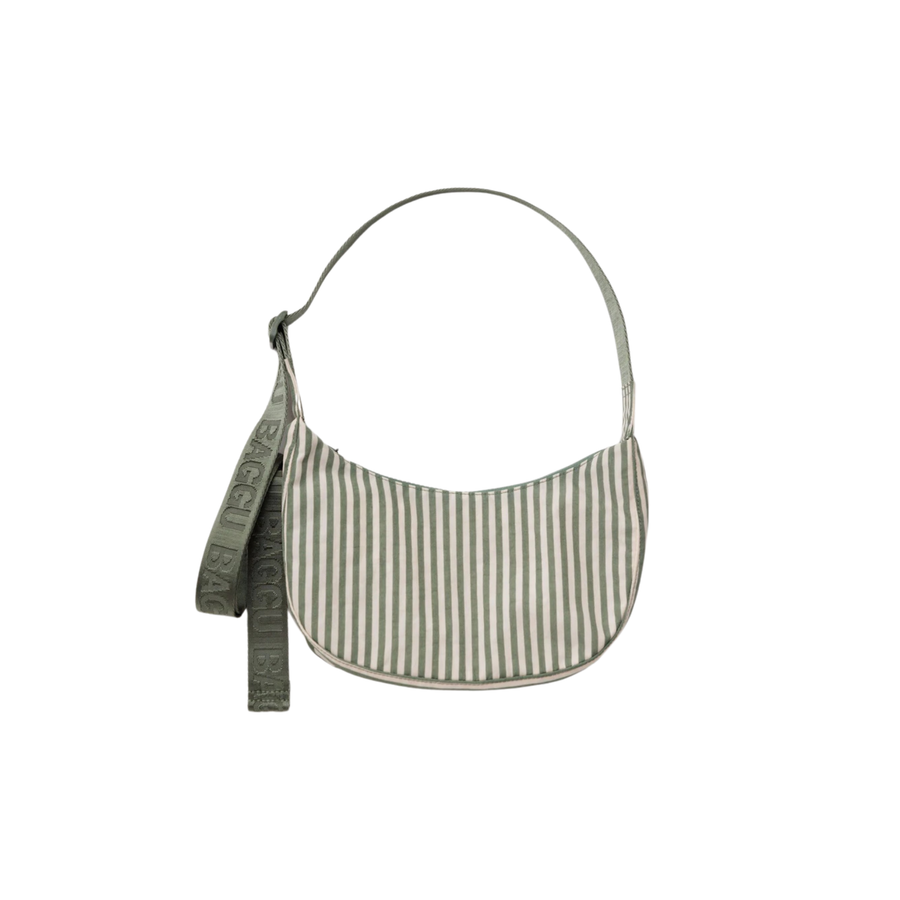 green and white Striped  baggu handbag with a strap on a white background