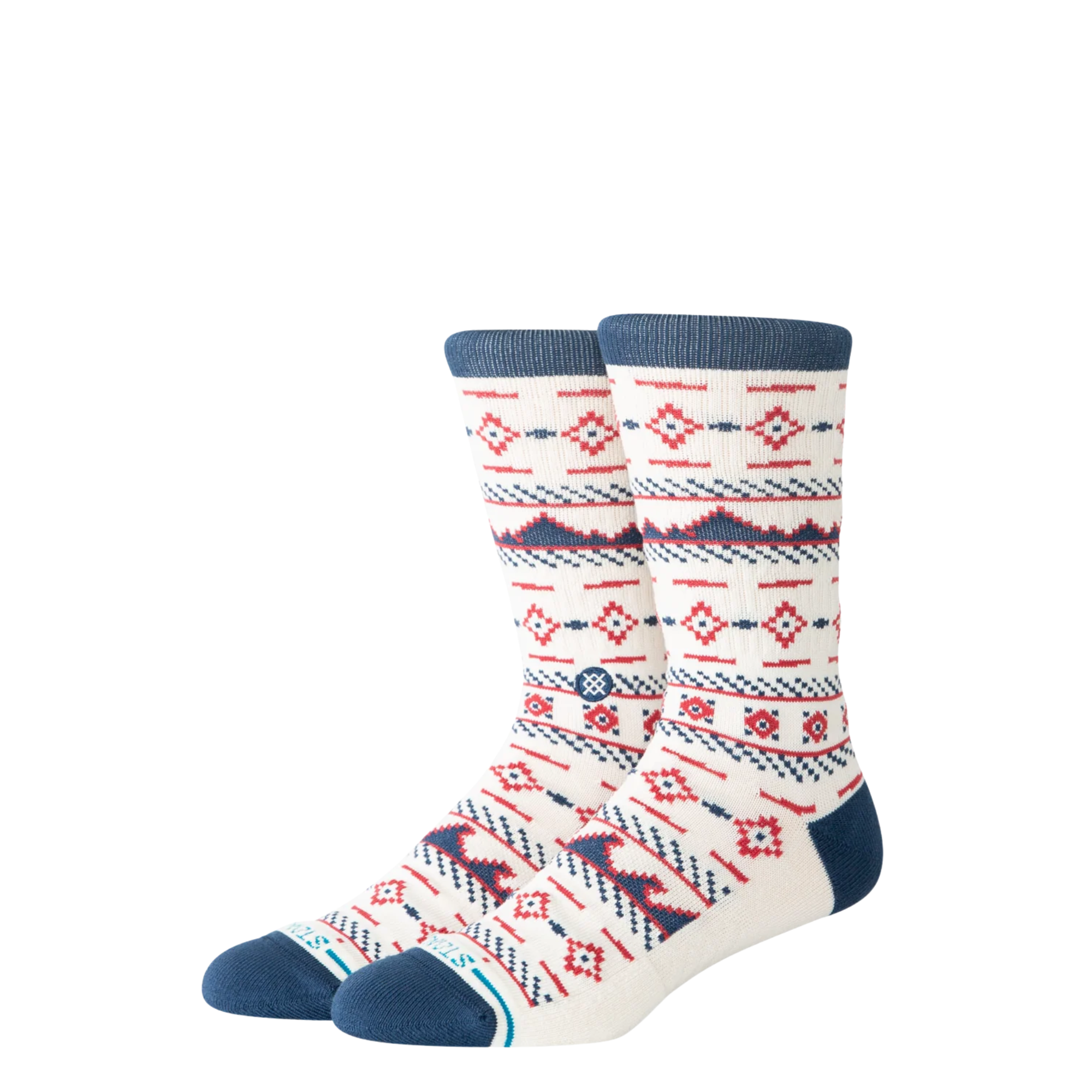 white stance rising tide crew socks with blue and red design on a white background