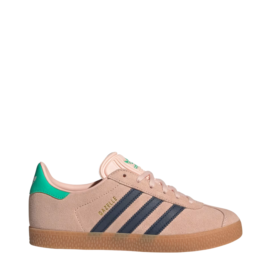 Pink Adidas Kids Juniors gazelle sneaker with green accents and three dark blue stripes on a white background