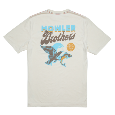 The back of a cream-colored short-sleeve t-shirt featuring a graphic print with the text 'HOWLER Brothers' in light blue and brown, accompanied by a stylized bird and fish illustration in blue, brown, and yellow.