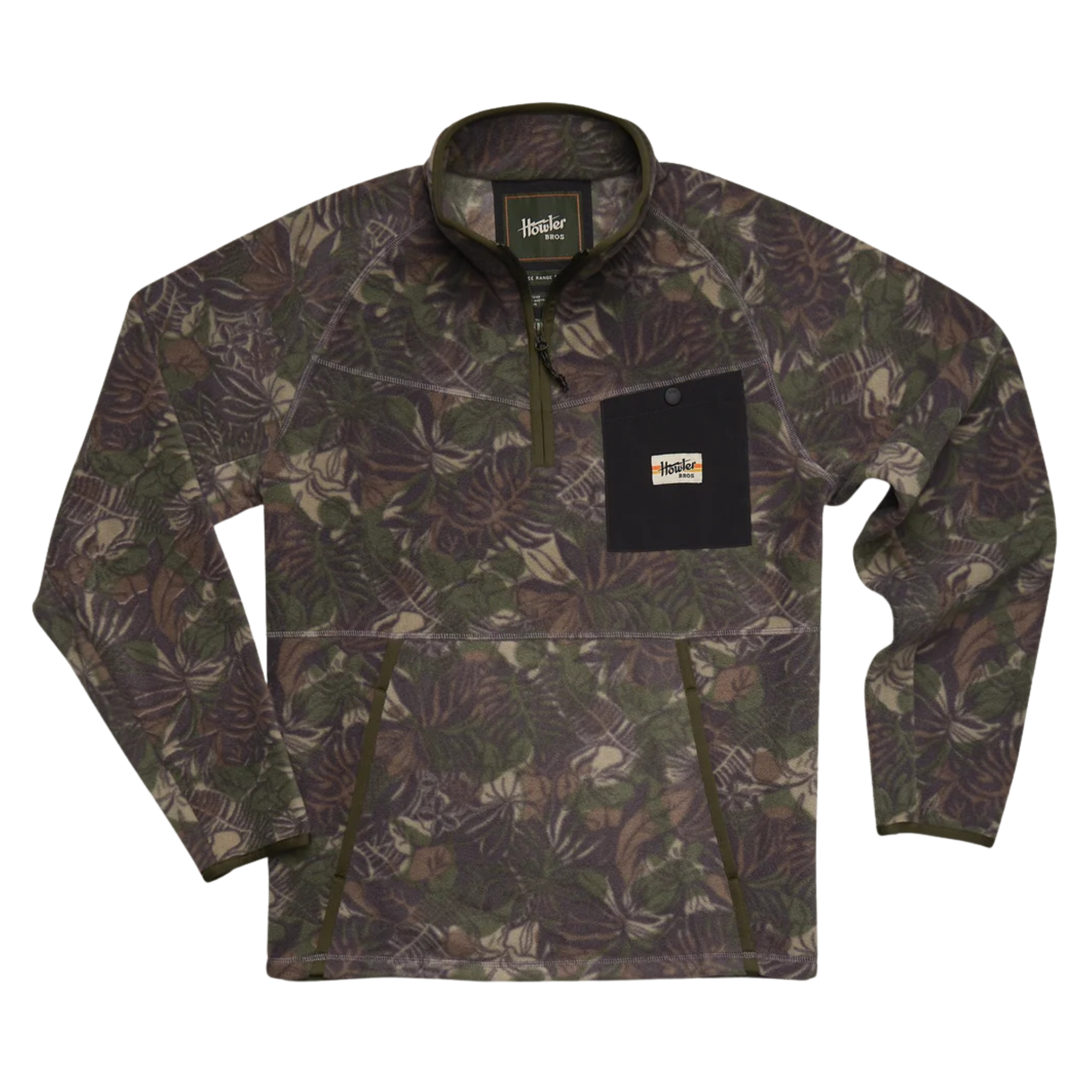 A long-sleeve quarter-zip howler brothers pullover fleece, featuring a dark green and brown tropical leaf camouflage pattern. It has a black chest pocket with a white and red Howler logo patch, a stand-up collar, and zippered hand pockets.