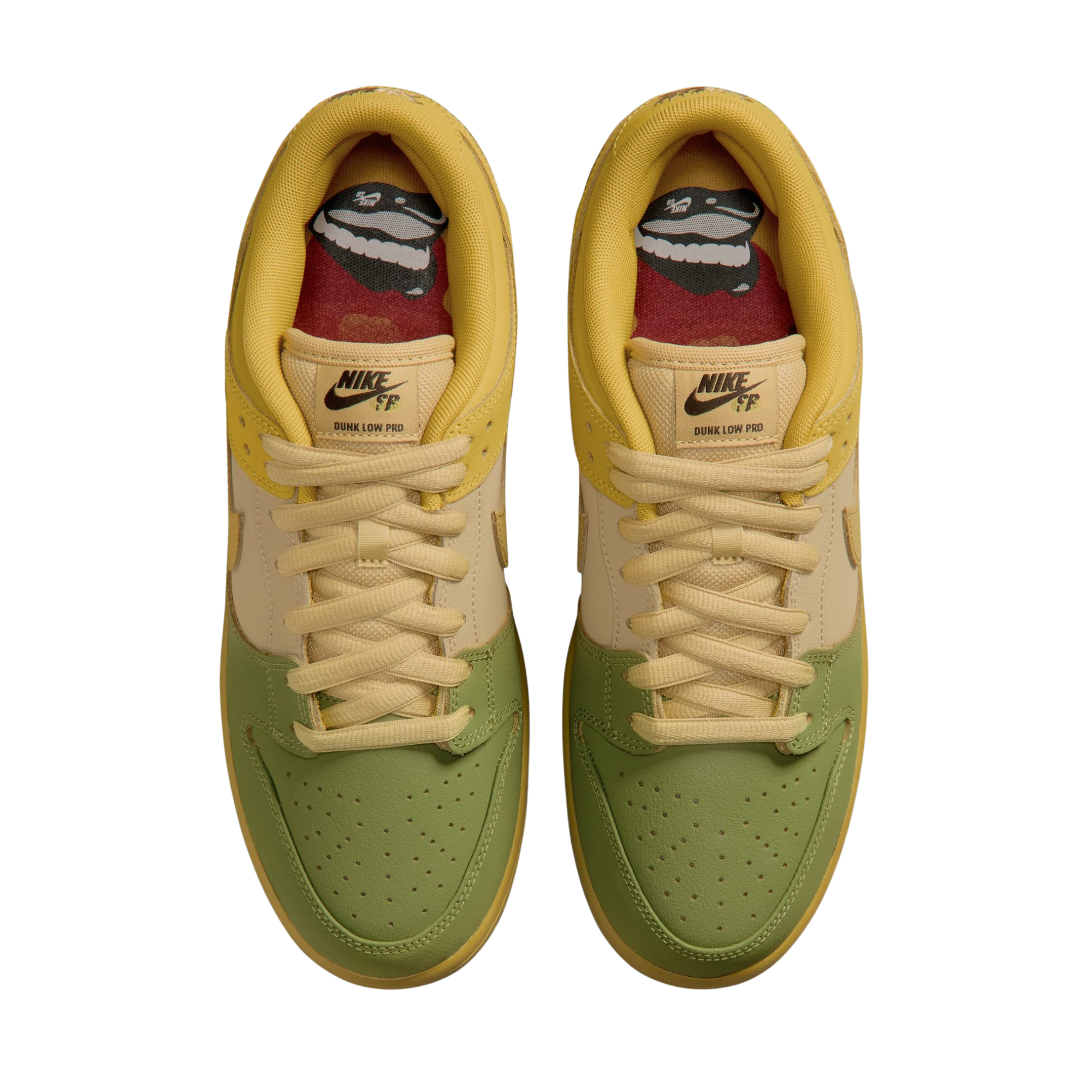A Nike SB Saffron Dunk Low sneaker in a yellow, tan, and sage green colorway, against a plain white background.