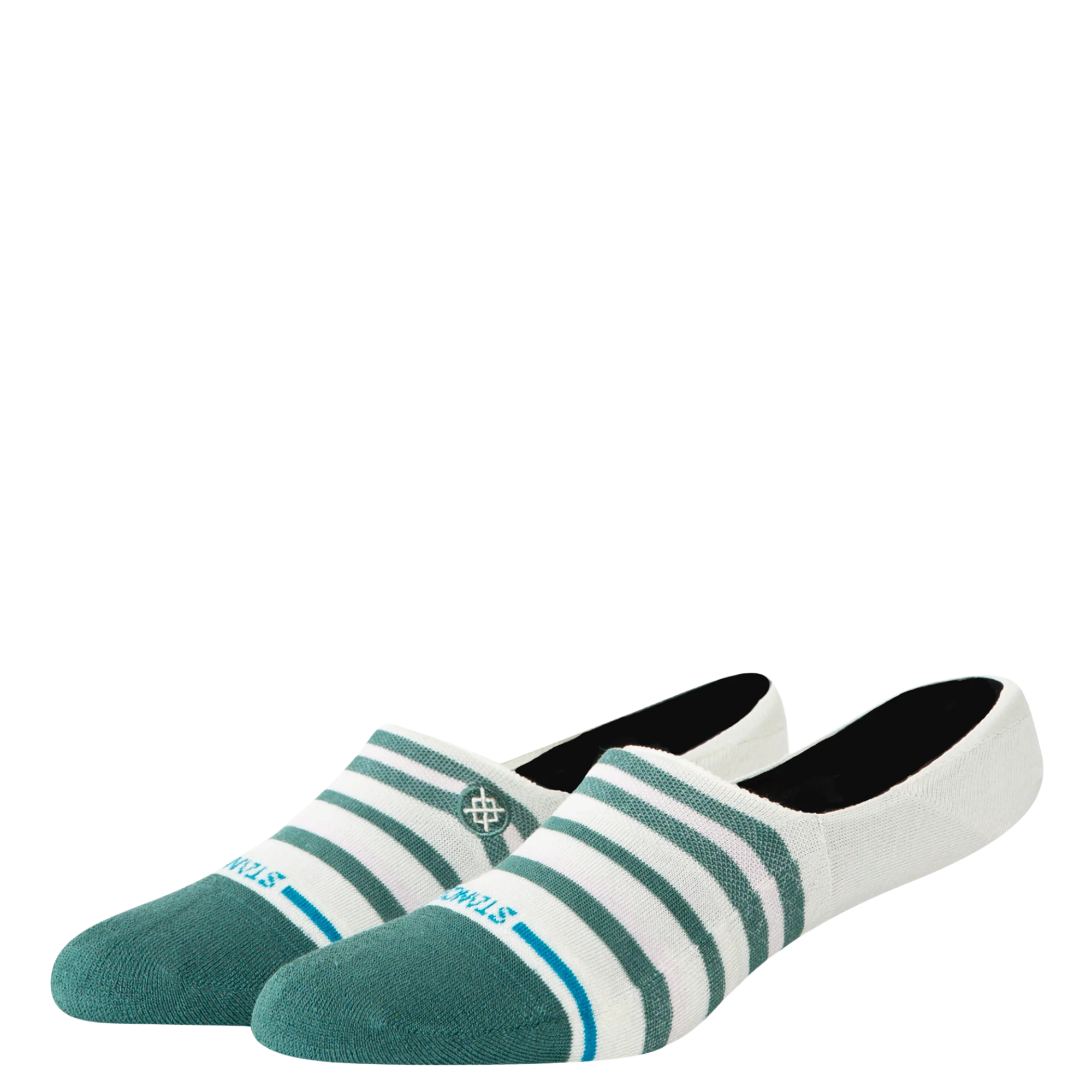 green and white striped stance no show mia socks for women on a white background