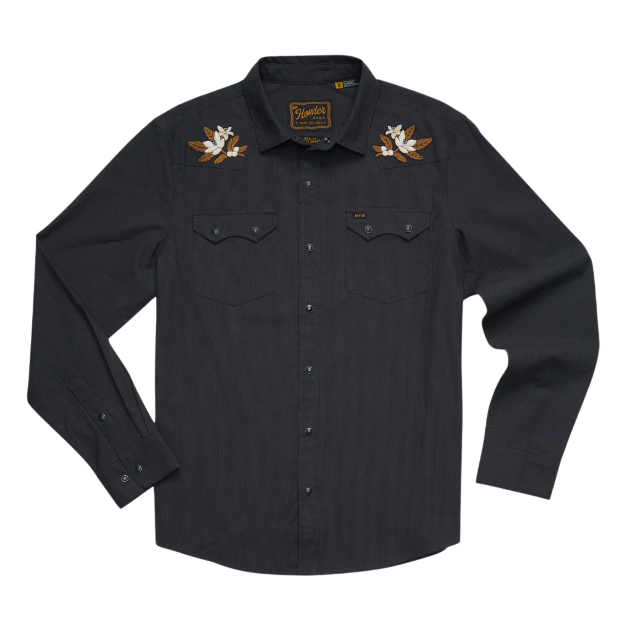 A black long-sleeve western-style button-up shirt with embroidered wing motifs on the shoulders and chest, displayed flat against a white background.
