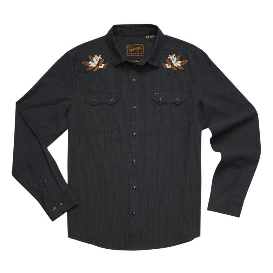 A black long-sleeve western-style button-up shirt with embroidered wing motifs on the shoulders and chest, displayed flat against a white background.