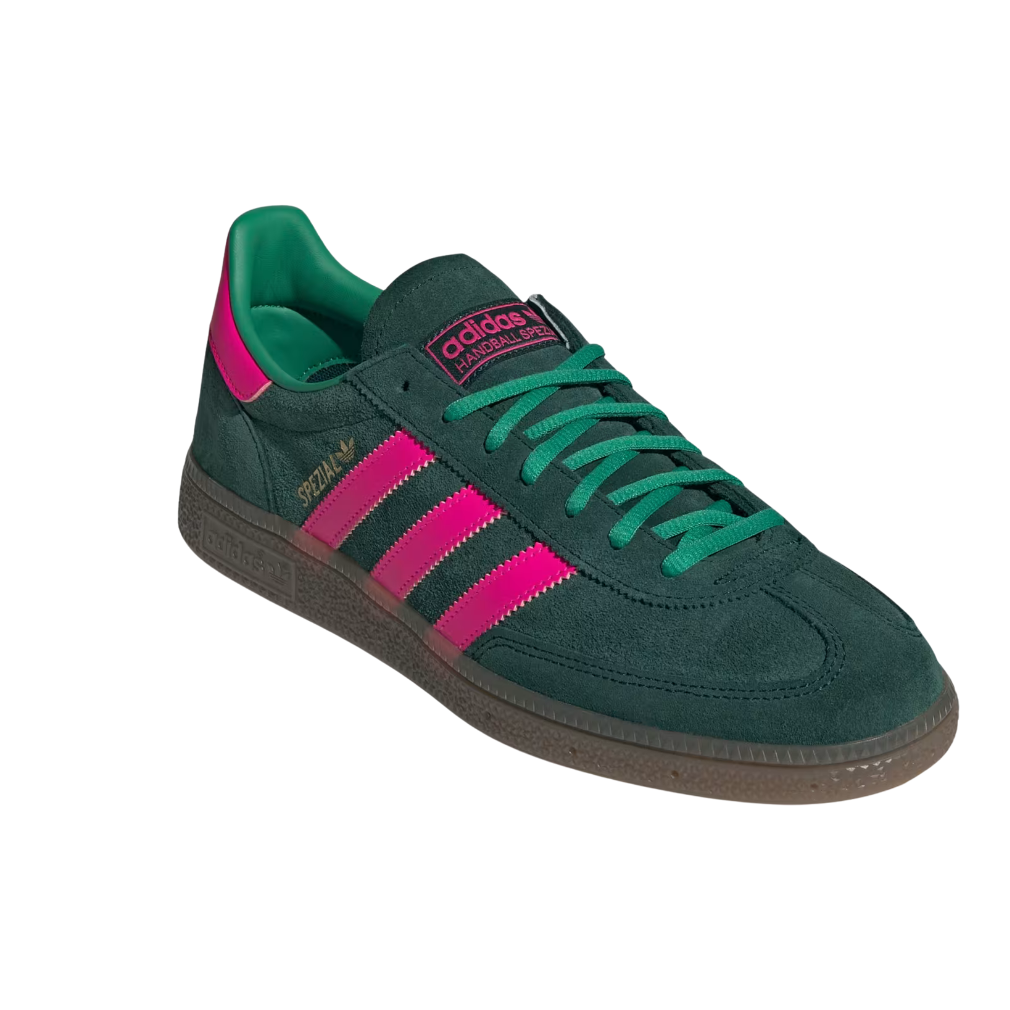 green adidas women's special in green wih pink stripes