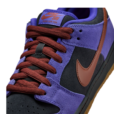 Purple nike sb dunk low sneaker with dark red and black accents on a white background
