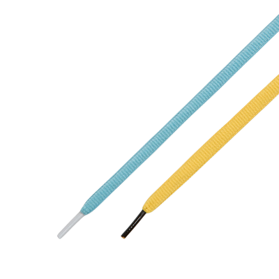 Two pairs of shoelaces, one blue and one yellow, on a white background.