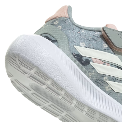 Green Adidas RUNFALCON 5 kids sneaker with floral pattern on a white background