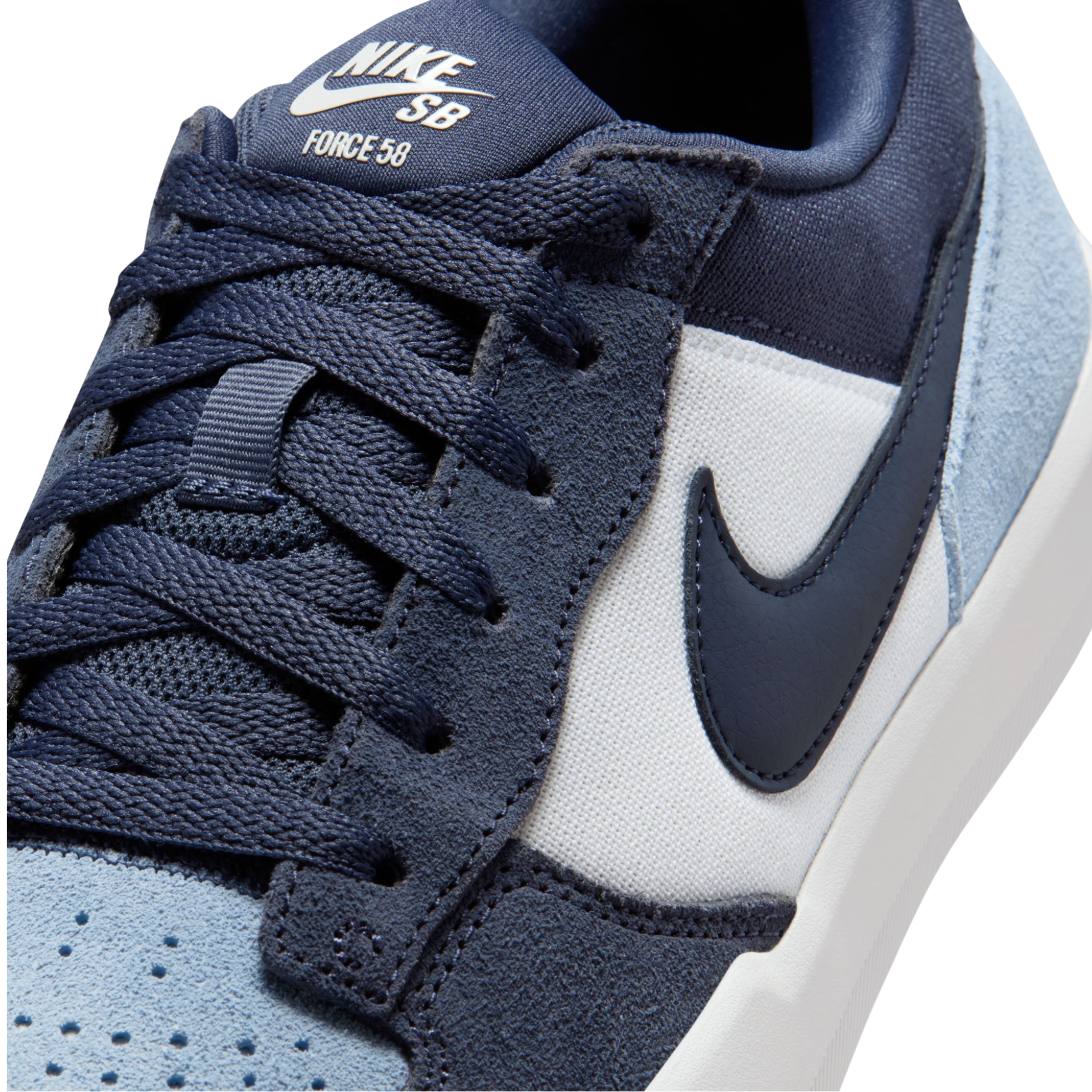 Navy and light blue NIKE SB FORCE 58 men's and women's sneaker with a white sole on a white background