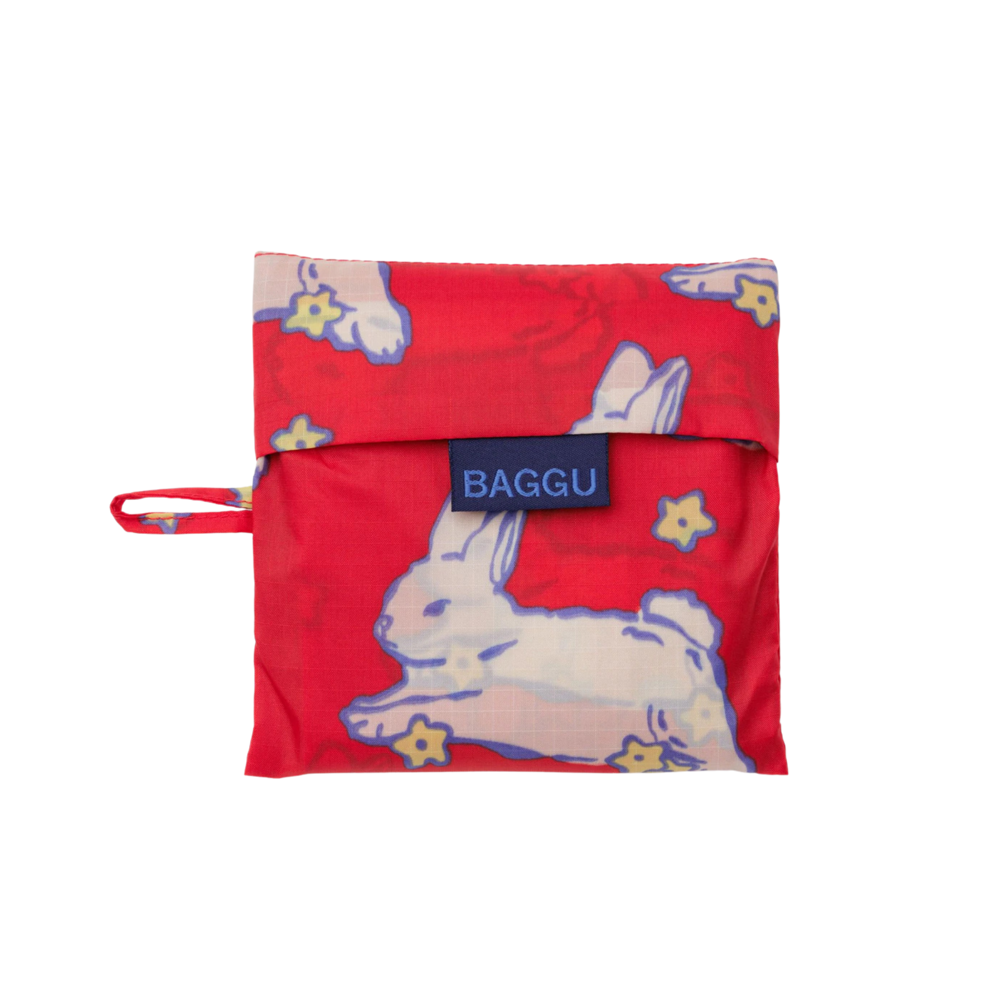 Red pouch with rabbit design and 'Baggu' label on a white background
