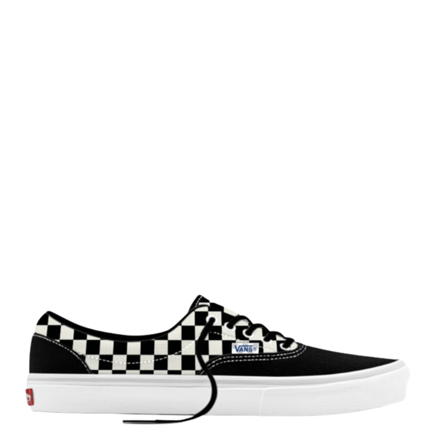 A single Vans low-top skate era sneaker in black canvas with a black and white checkerboard pattern on the side panel, black laces, and a thick white platform sole.