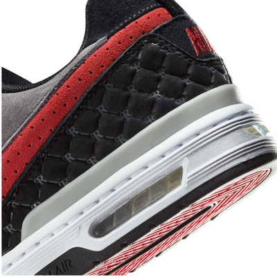 black and grey nike sb paul rodriguez with a red swoosh and white sole