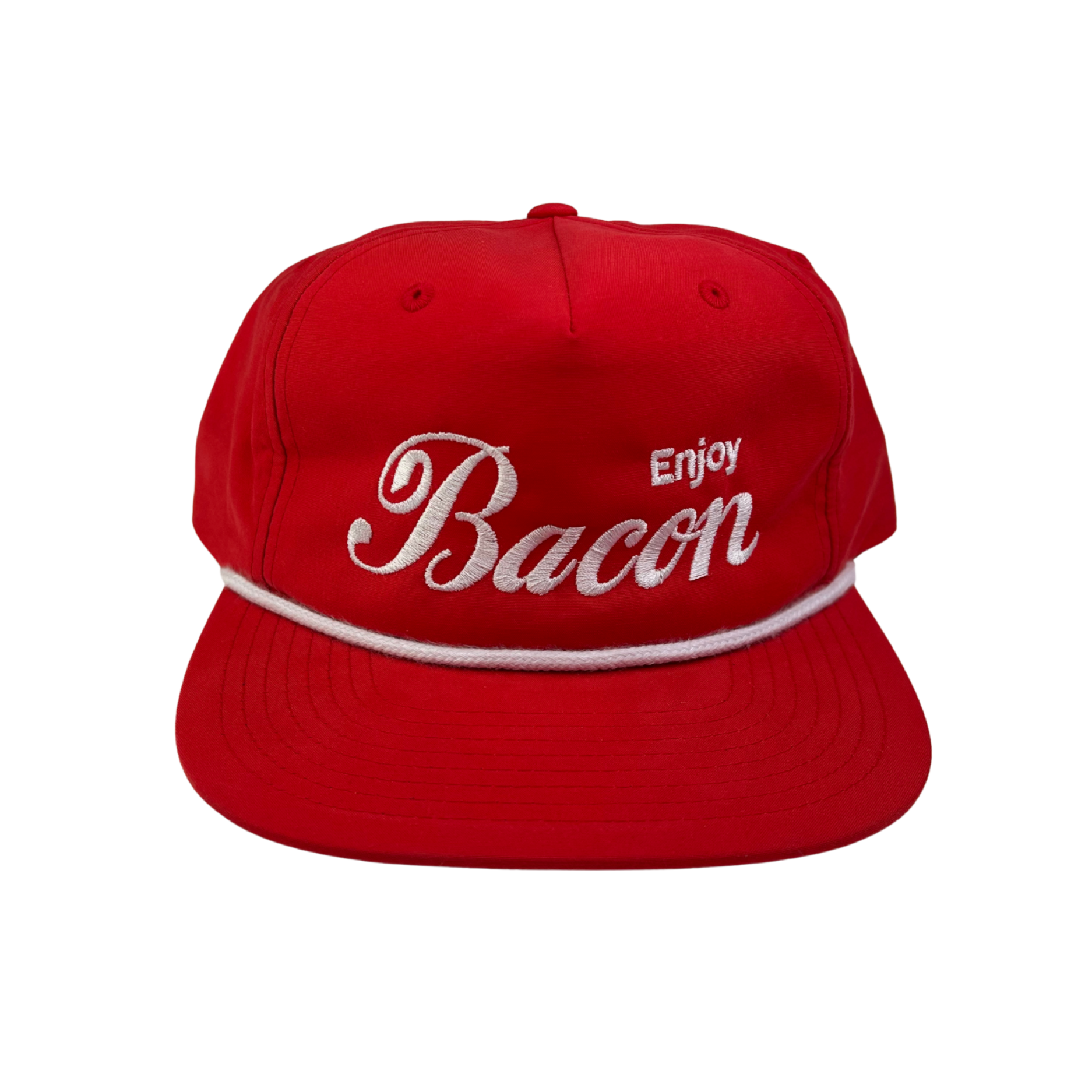 Red cap with white 'Enjoy Bacon' text on a white background
