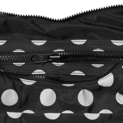 black thread slouchy shoulder bag with white polka dots on a white background
