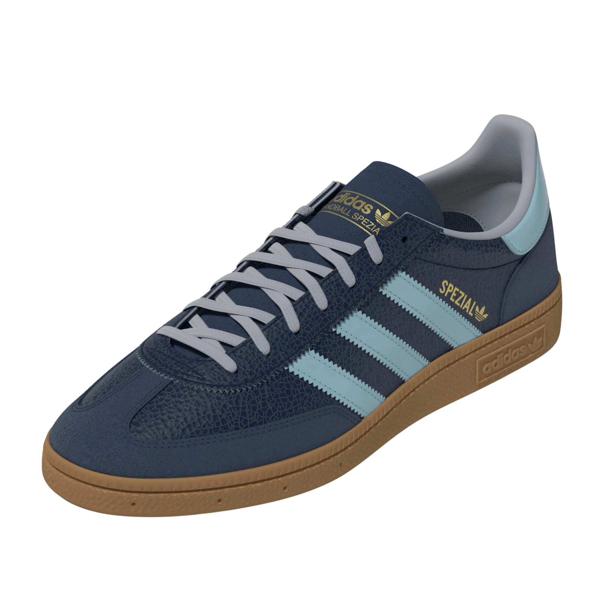 A single Adidas handball spezial sneaker in navy blue suede and textured leather, featuring light blue stripes, a light blue heel tab, and a brown gum sole, shown against a plain white background.