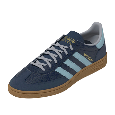 A single Adidas handball spezial sneaker in navy blue suede and textured leather, featuring light blue stripes, a light blue heel tab, and a brown gum sole, shown against a plain white background.