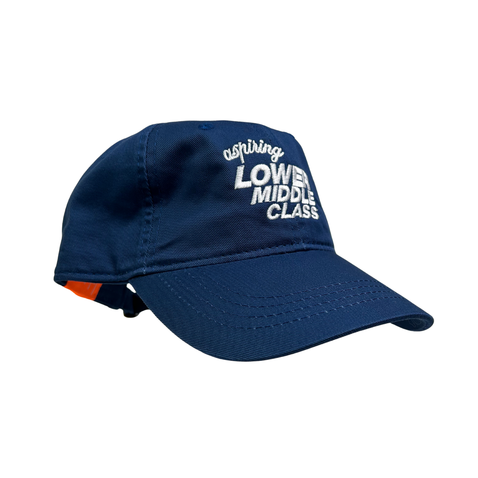royal BLUE cap with white text reading aspiring lower middle class on a white background