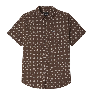 brown brixton men's charter print short sleeve woven button-up shirt with a bandana pattern on a white background