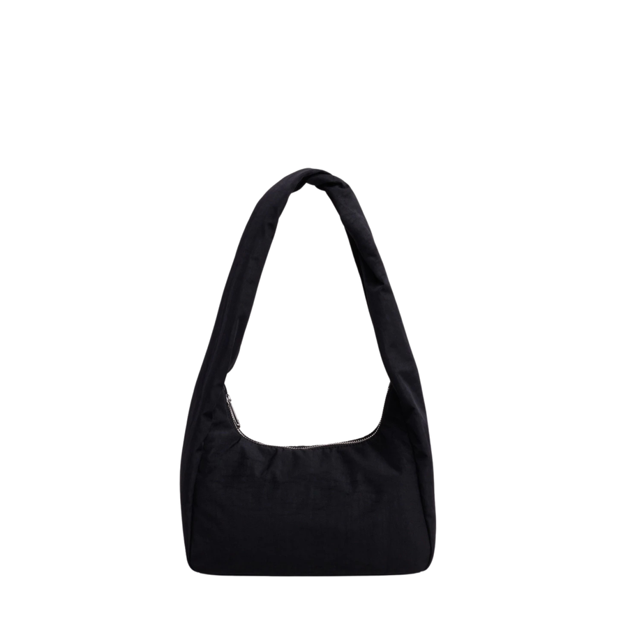 A black slouchy baggu nylon meringue shoulder bag with a single strap, photographed against a solid white background.