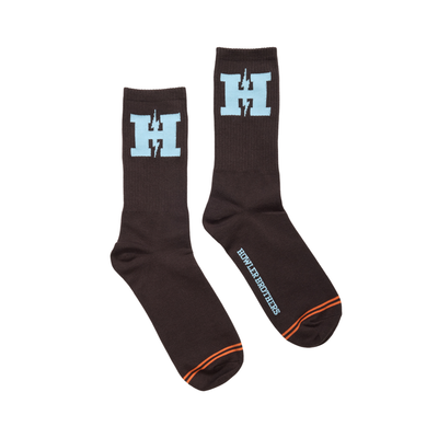 brown howler h-bolt socks with blue H and Howler Brothers in light blue