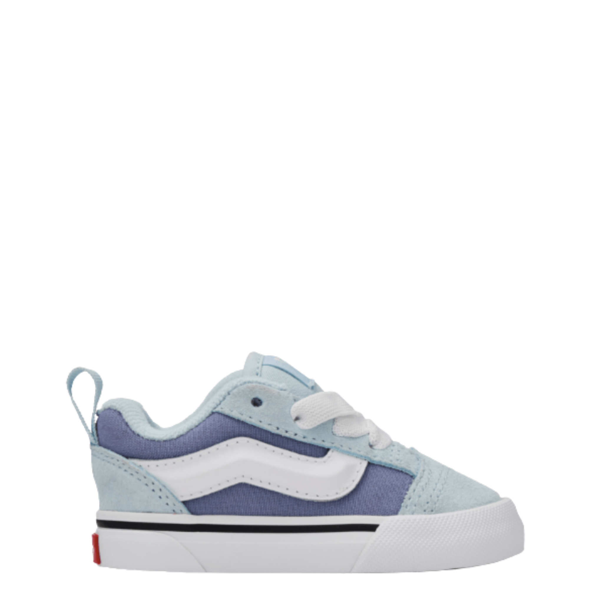 vans toddler knu skool sneaker with light blue and purple design on a white background