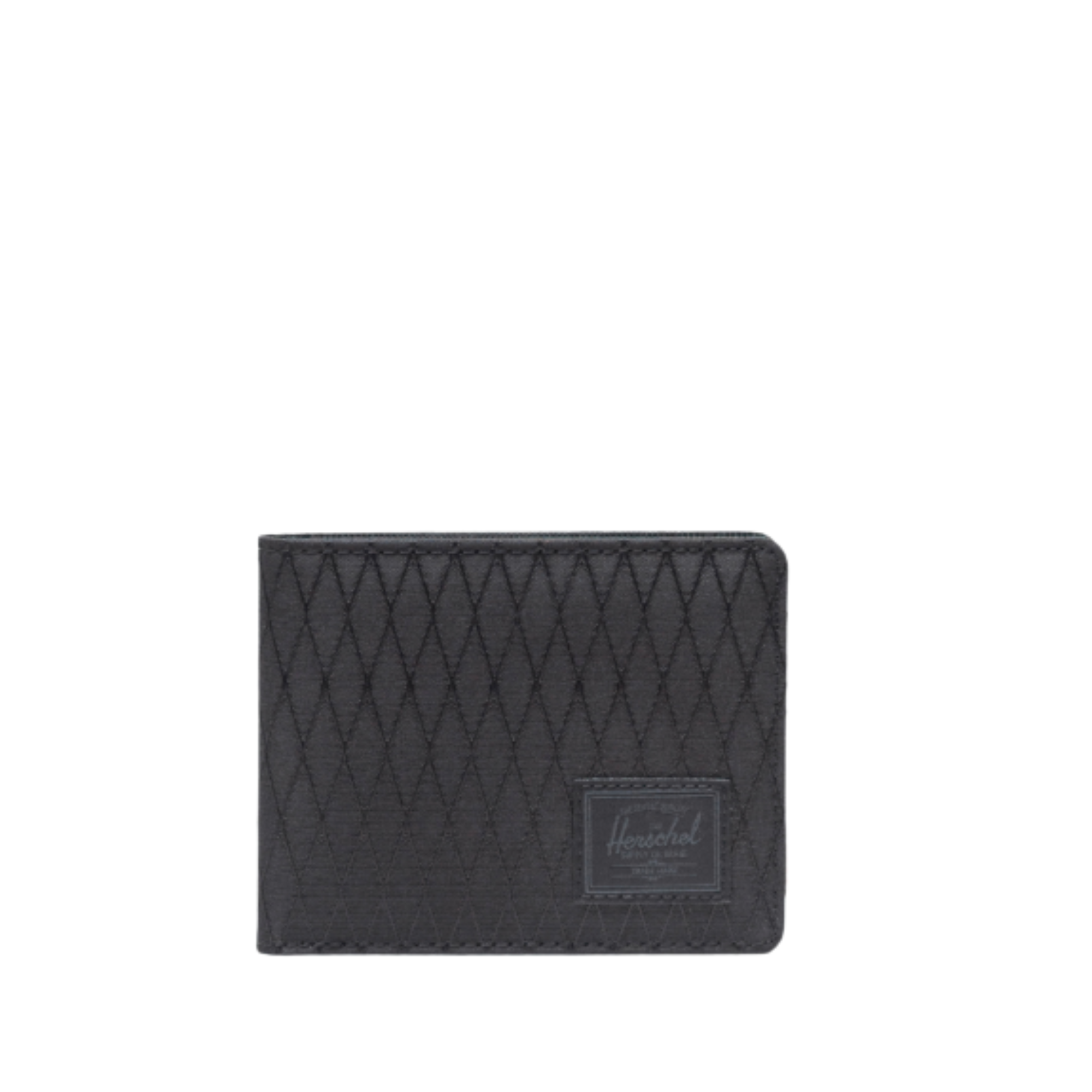 Black quilted herchel roy wallet with Herschel logo on a white background