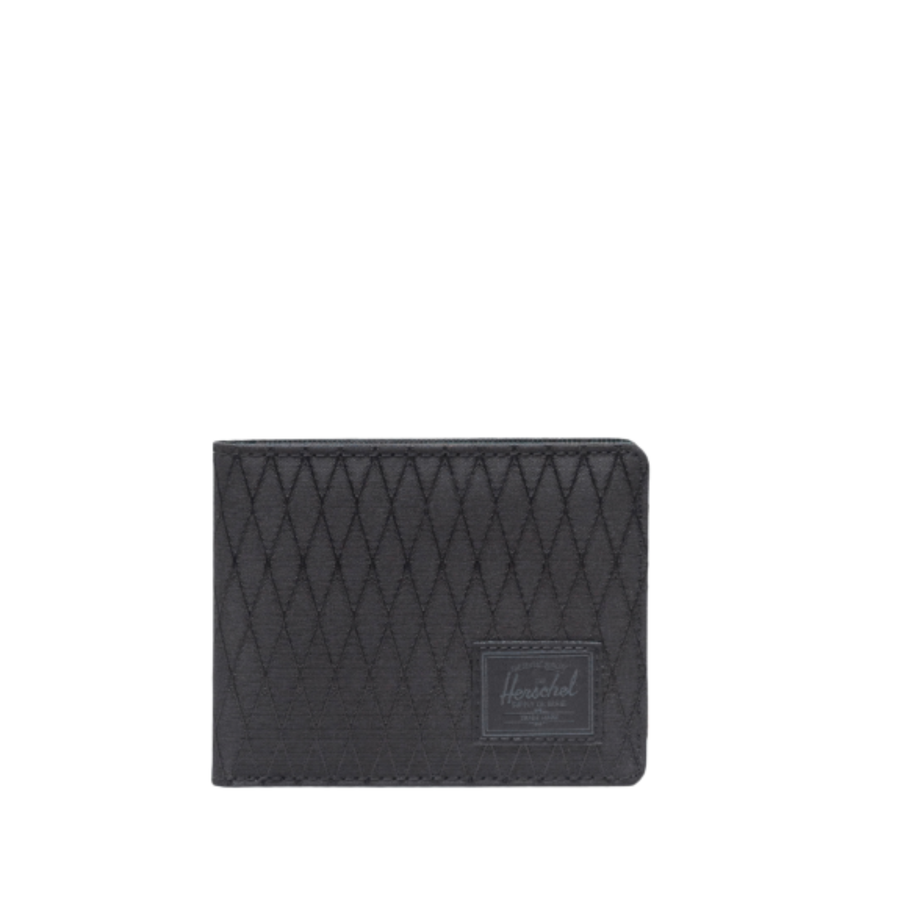 Black quilted herchel roy wallet with Herschel logo on a white background