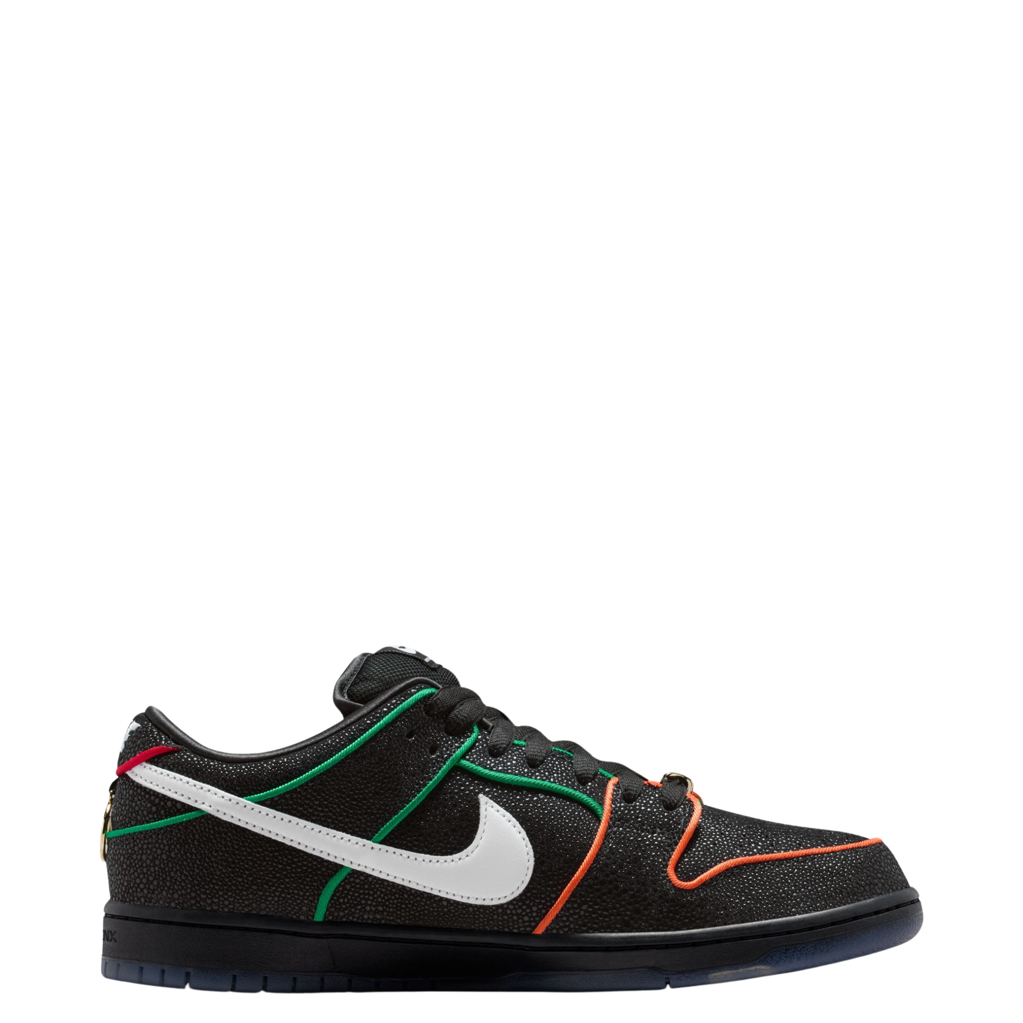 Black NIKE SB dunk low bronx girls skate sneaker with colorful accents on a white background
