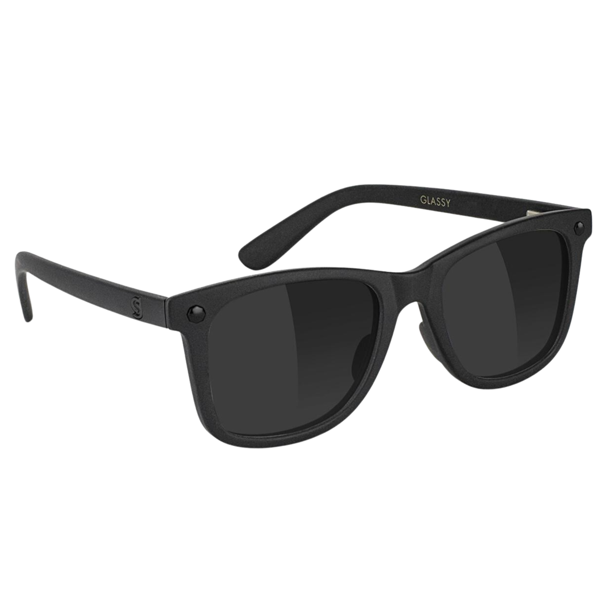 Black glassy mikemo premium polarized sunglasses with a white background