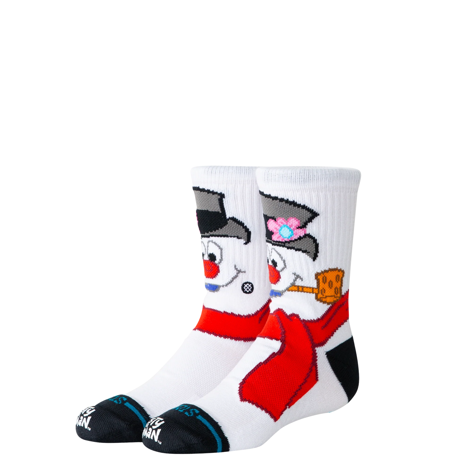 white stance kids socks featuring frosty the snowman on a white background